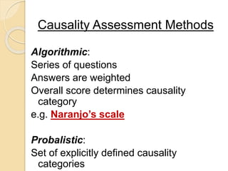 Causality Assessment Methods
Algorithmic:
Series of questions
Answers are weighted
Overall score determines causality
category
e.g. Naranjo’s scale
Probalistic:
Set of explicitly defined causality
categories
 