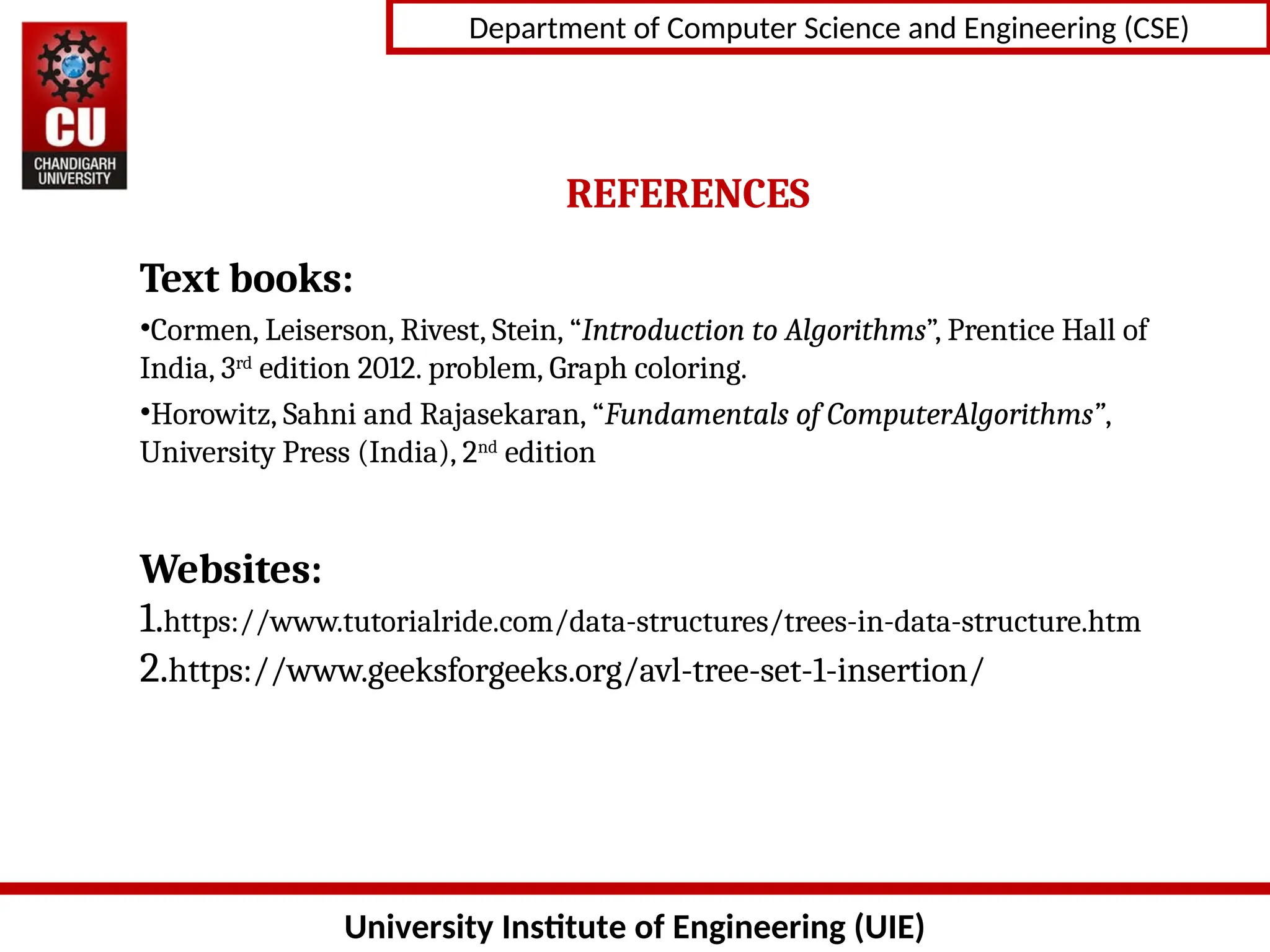 University Institute of Engineering (UIE)
Department of Computer Science and Engineering (CSE)
REFERENCES
Text books:
•Cormen, Leiserson, Rivest, Stein, “Introduction to Algorithms”, Prentice Hall of
India, 3rd
edition 2012. problem, Graph coloring.
•Horowitz, Sahni and Rajasekaran, “Fundamentals of ComputerAlgorithms”,
University Press (India), 2nd
edition
Websites:
1.https://www.tutorialride.com/data-structures/trees-in-data-structure.htm
2.https://www.geeksforgeeks.org/avl-tree-set-1-insertion/
 
