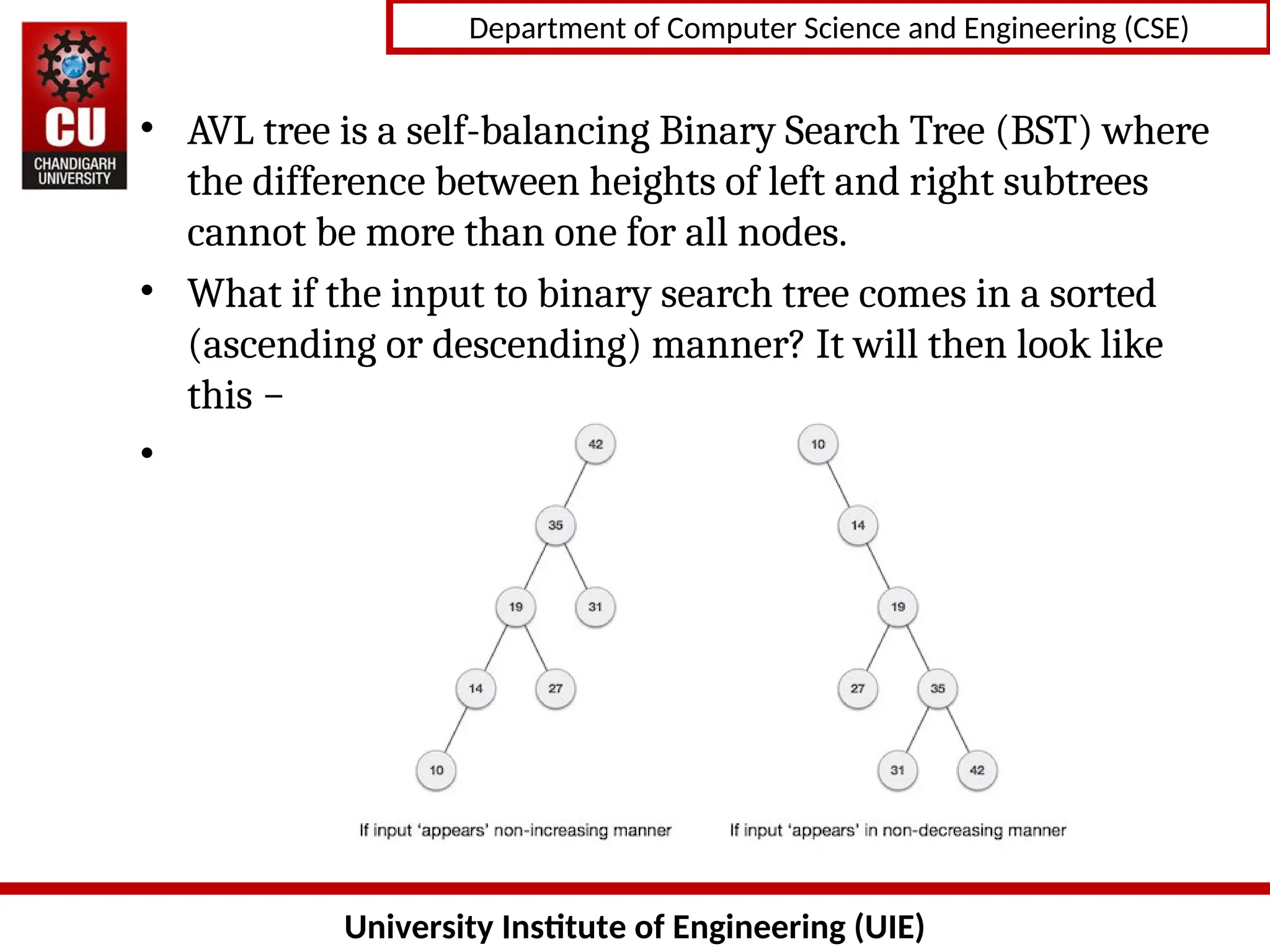 University Institute of Engineering (UIE)
Department of Computer Science and Engineering (CSE)
• AVL tree is a self-balancing Binary Search Tree (BST) where
the difference between heights of left and right subtrees
cannot be more than one for all nodes.
• What if the input to binary search tree comes in a sorted
(ascending or descending) manner? It will then look like
this −
•
 