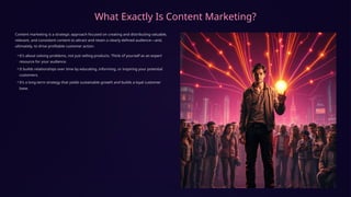 What Exactly Is Content Marketing?
Content marketing is a strategic approach focused on creating and distributing valuable,
relevant, and consistent content to attract and retain a clearly defined audience—and,
ultimately, to drive profitable customer action.
• It's about solving problems, not just selling products. Think of yourself as an expert
resource for your audience.
• It builds relationships over time by educating, informing, or inspiring your potential
customers.
• It’s a long-term strategy that yields sustainable growth and builds a loyal customer
base.
 