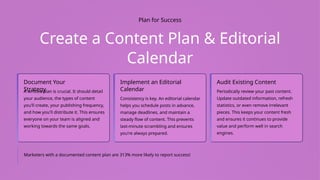 Plan for Success
Create a Content Plan & Editorial
Calendar
Document Your
Strategy
A written plan is crucial. It should detail
your audience, the types of content
you'll create, your publishing frequency,
and how you'll distribute it. This ensures
everyone on your team is aligned and
working towards the same goals.
Implement an Editorial
Calendar
Consistency is key. An editorial calendar
helps you schedule posts in advance,
manage deadlines, and maintain a
steady flow of content. This prevents
last-minute scrambling and ensures
you're always prepared.
Audit Existing Content
Periodically review your past content.
Update outdated information, refresh
statistics, or even remove irrelevant
pieces. This keeps your content fresh
and ensures it continues to provide
value and perform well in search
engines.
Marketers with a documented content plan are 313% more likely to report success!
 