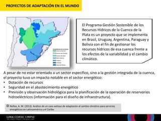 El Programa Gestión Sostenible de los
Recursos Hídricos de la Cuenca de la
Plata es un proyecto que se implementa
en Brasil, Uruguay, Argentina, Paraguay y
Bolivia con el fin de gestionar los
recursos hídricos de esa cuenca frente a
los efectos de la variabilidad y el cambio
climático.
A pesar de no estar orientado a un sector específico, sino a la gestión integrada de la cuenca,
el proyecto tuvo un impacto notable en el sector energético:
• Dotación de recursos
• Seguridad en el abastecimiento energético
• Previsión y observación hidrológica para la planificación de la operación de reservorios
hidroeléctricos (información para el diseño de infraestructura).
PROYECTOS DE ADAPTACIÓN EN EL MUNDO
Núñez, A. M. (2013). Análisis de un caso exitoso de adaptación al cambio climático para servicios
energéticos en Latinoamérica y el Caribe.
 
