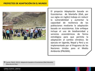 El proyecto Adaptación basada en
Ecosistemas de Montaña (EbA, por
sus siglas en inglés) trabaja en reducir
la vulnerabilidad y aumentar la
capacidad de resiliencia de las
poblaciones mediante la adaptación
basada en ecosistemas. Este enfoque
incluye el uso de biodiversidad y
servicios ecosistémicos de forma
estratégica para que permita la
adaptación al cambio climático. Se
ejecuta en Uganda, Nepal y Perú y es
implementado por el Programa de las
Naciones Unidas para el Medio
Ambiente (PNUMA).
PROYECTOS DE ADAPTACIÓN EN EL MUNDO
Fuente: PNUD. (2013). Adaptación basada en Ecosistemas (EbA) Montaña.
Obtenido de http:/
 