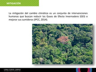 La mitigación del cambio climático es un conjunto de intervenciones
humanas que buscan reducir los Gases de Efecto Invernadero (GEI) o
mejorar sus sumideros (IPCC, 2014).
MITIGACIÓN
Buscar foto de
bosques
 