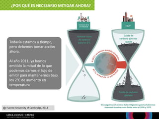 Todavía estamos a tiempo,
pero debemos tomar acción
ahora.
Al año 2011, ya hemos
emitido la mitad de lo que
podemos darnos el lujo de
emitir para mantenernos bajo
los 2°C de aumento en
temperatura
Fuente: University of Cambridge, 2013
¿POR QUÉ ES NECESARIO MITIGAR AHORA?
 