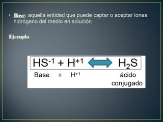 • Base: aquella entidad que puede captar o aceptar iones
hidrógeno del medio en solución
Ejemplo:
 