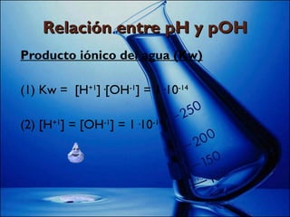 Producto iónico del agua (Kw) (1) Kw =  [H +1 ]·[OH -1 ] = 1·10 -14 (2) [H +1 ] = [OH -1 ] = 1·10 -14 Relación entre pH y pOH 
