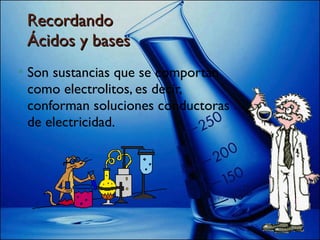 Recordando Ácidos y bases Son sustancias que se comportan como electrolitos, es decir, conforman soluciones conductoras de electricidad. 
