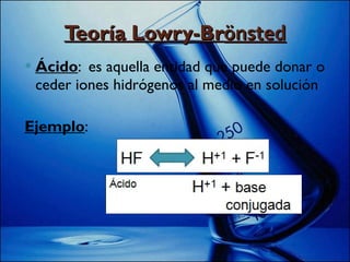 Teoría Lowry-Br önsted Ácido :  es aquella entidad que puede donar o ceder iones hidrógenos al medio en solución Ejemplo : 
