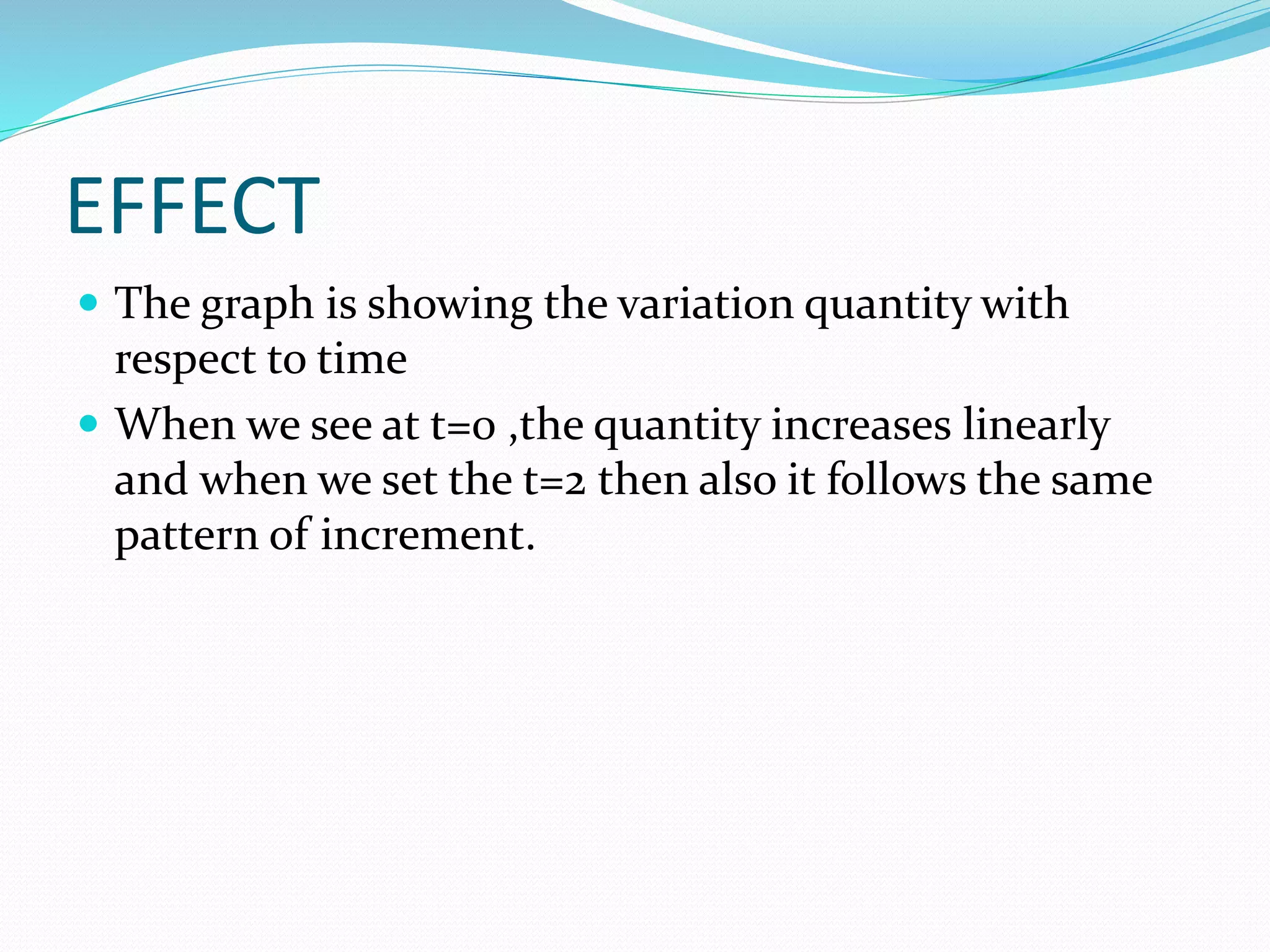 EFFECT
 The graph is showing the variation quantity with
respect to time
 When we see at t=0 ,the quantity increases linearly
and when we set the t=2 then also it follows the same
pattern of increment.
 
