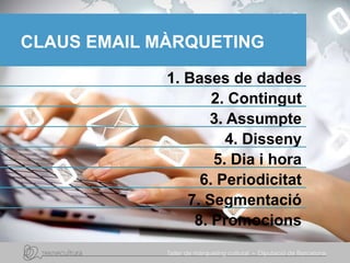 CLAUS EMAIL MÀRQUETING
1. Bases de dades
2. Contingut
3. Assumpte
4. Disseny
5. Dia i hora
6. Periodicitat
7. 𲵳Գٲó
8. Promocions
 