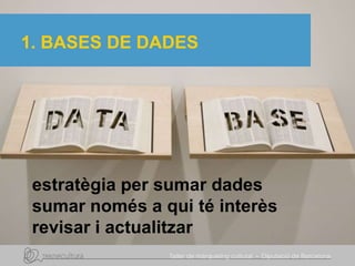 1. BASES DE DADES
estratègia per sumar dades
sumar només a qui té interès
revisar i actualitzar
 