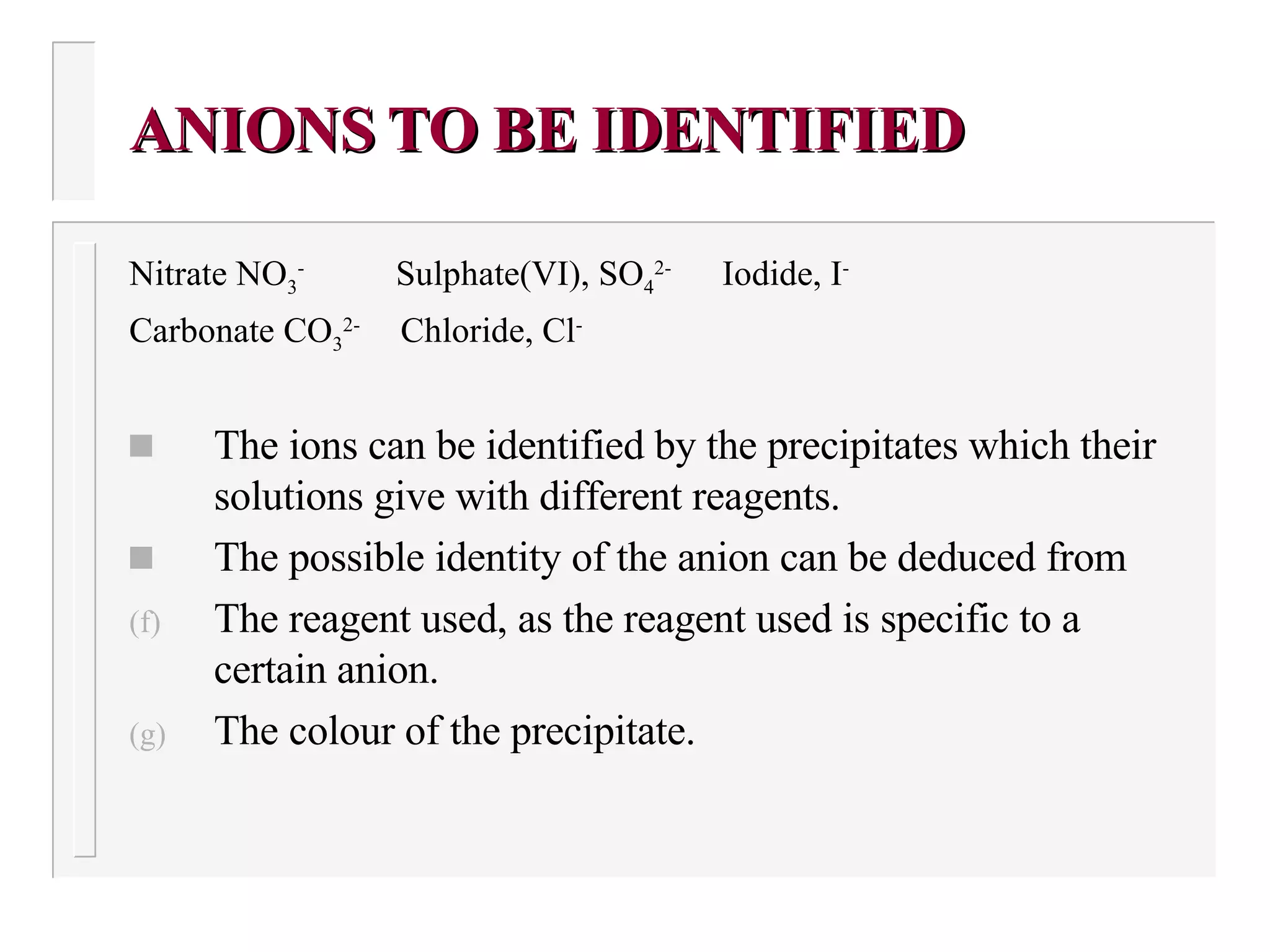 ANIONS TO BE IDENTIFIED Nitrate NO 3 -  Sulphate(VI), SO 4 2-  Iodide, I - Carbonate CO 3 2-  Chloride, Cl - The ions can be identified by the precipitates which their solutions give with different reagents. The possible identity of the anion can be deduced from The reagent used, as the reagent used is specific to a certain anion. The colour of the precipitate. 