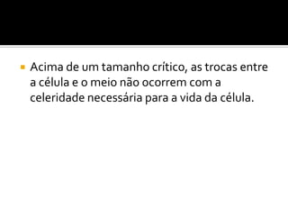    Acima de um tamanho crítico, as trocas entre
    a célula e o meio não ocorrem com a
    celeridade necessária para a vida da célula.
 