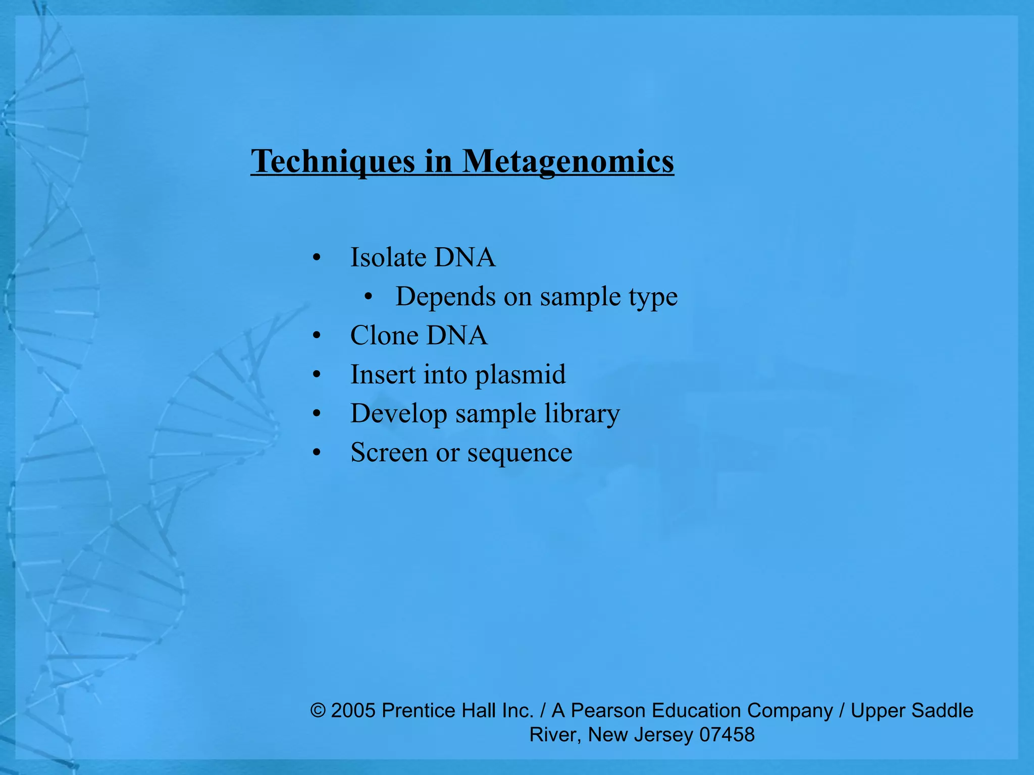 Techniques in Metagenomics Isolate DNA Depends on sample type Clone DNA Insert into plasmid Develop sample library Screen or sequence © 2005 Prentice Hall Inc. / A Pearson Education Company / Upper Saddle River, New Jersey 07458 