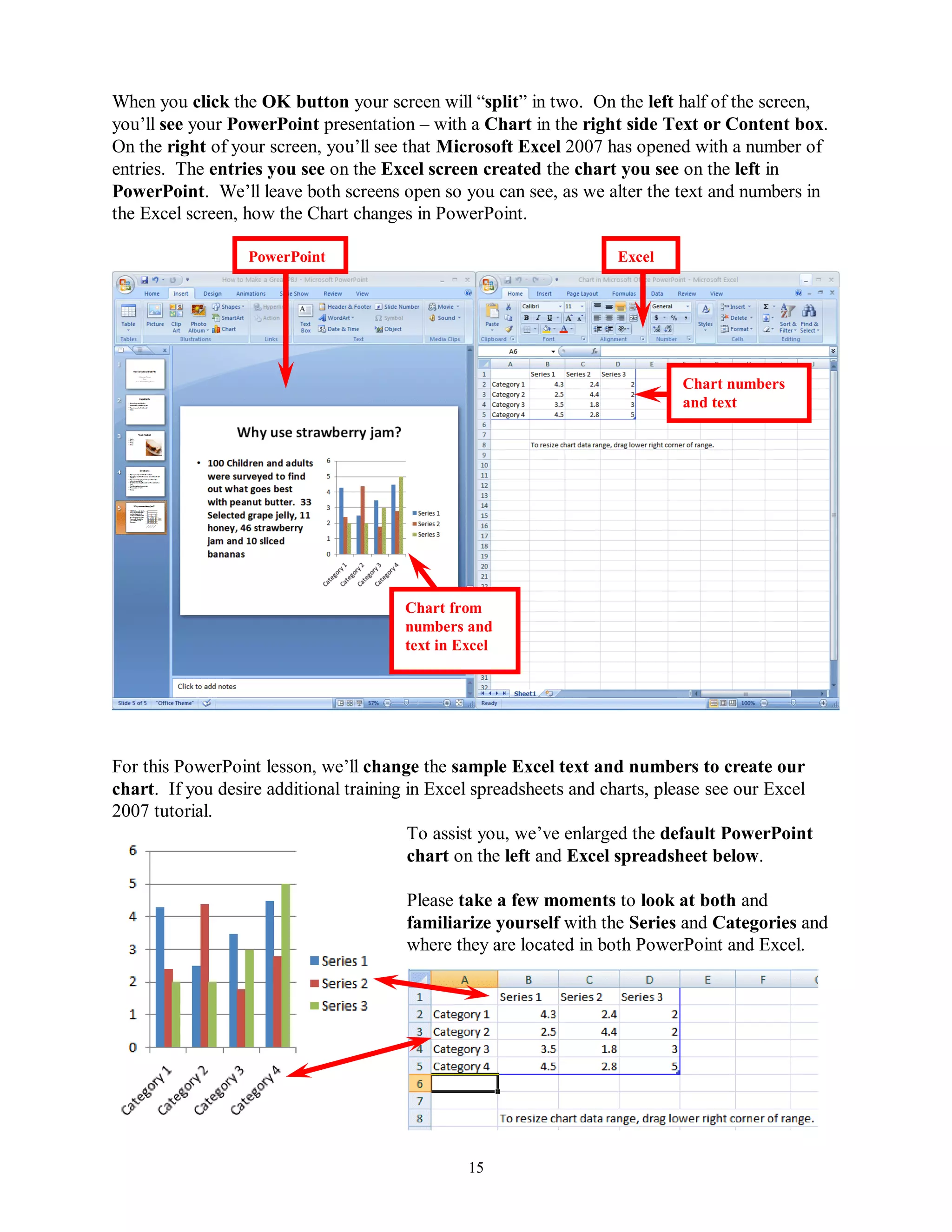 When you click the OK button your screen will “split” in two. On the left half of the screen,
you’ll see your PowerPoint presentation – with a Chart in the right side Text or Content box.
On the right of your screen, you’ll see that Microsoft Excel 2007 has opened with a number of
entries. The entries you see on the Excel screen created the chart you see on the left in
PowerPoint. We’ll leave both screens open so you can see, as we alter the text and numbers in
the Excel screen, how the Chart changes in PowerPoint.

                  PowerPoint                                        Excel




                                                                             Chart numbers
                                                                             and text




                                       Chart from
                                       numbers and
                                       text in Excel




For this PowerPoint lesson, we’ll change the sample Excel text and numbers to create our
chart. If you desire additional training in Excel spreadsheets and charts, please see our Excel
2007 tutorial.
                                         To assist you, we’ve enlarged the default PowerPoint
                                         chart on the left and Excel spreadsheet below.

                                       Please take a few moments to look at both and
                                       familiarize yourself with the Series and Categories and
                                       where they are located in both PowerPoint and Excel.




                                                15
 