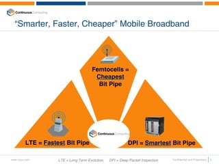 “Smarter, Faster, Cheaper” Mobile Broadband




                                       Femtocells =
                                        Cheapest
                                         Bit Pipe




         LTE = Fastest Bit Pipe                            DPI = Smartest Bit Pipe

www.ccpu.com        LTE = Long Term Evolution,   DPI = Deep Packet Inspection   Confidential and Proprietary   5
 