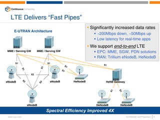 LTE Delivers “Fast Pipes”
                                                                   Significantly increased data rates
      E-UTRAN Architecture
                                                                      ~200Mbps down, ~50Mbps up
                                                                      Low latency for real-time apps
                                                                   We support end-to-end LTE
MME / Serving GW            MME / Serving GW                          EPC: MME, SGW, PDN solutions
                                                                      RAN: Trillium eNodeB, HeNodeB
       S1                          S1
                                                    S1                    S1
                              S1
            S1




                                               S1

                       X2

                X2
eNodeB                        X2
                                    eNodeB               HeNodeB           HeNB Gateway




                                                                                     S1
                                                                                S1
                     eNodeB                                           HeNodeB        HeNodeB

                                   Spectral Efficiency Improved 4X
 www.ccpu.com                                                                             Confidential and Proprietary   6
 