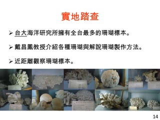 實地踏查
 台大海洋研究所擁有全台最多的珊瑚標本。
 戴昌鳳教授介紹各種珊瑚與解說珊瑚製作方法。
 近距離觀察珊瑚標本。
14
 