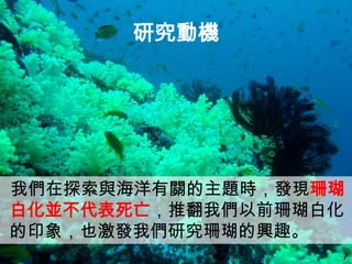 研究動機
我們在探索與海洋有關的主題時，發現珊瑚
白化並不代表死亡，推翻我們以前珊瑚白化
的印象，也激發我們研究珊瑚的興趣。
7
 