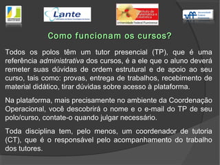 Todos os polos têm um tutor presencial (TP), que é uma
referência administrativa dos cursos, é a ele que o aluno deverá
remeter suas dúvidas de ordem estrutural e de apoio ao seu
curso, tais como: provas, entrega de trabalhos, recebimento de
material didático, tirar dúvidas sobre acesso à plataforma.
Na plataforma, mais precisamente no ambiente da Coordenação
Operacional, você descobrirá o nome e o e-mail do TP de seu
polo/curso, contate-o quando julgar necessário.
Toda disciplina tem, pelo menos, um coordenador de tutoria
(CT), que é o responsável pelo acompanhamento do trabalho
dos tutores.
Como funcionam os cursos?Como funcionam os cursos?
 