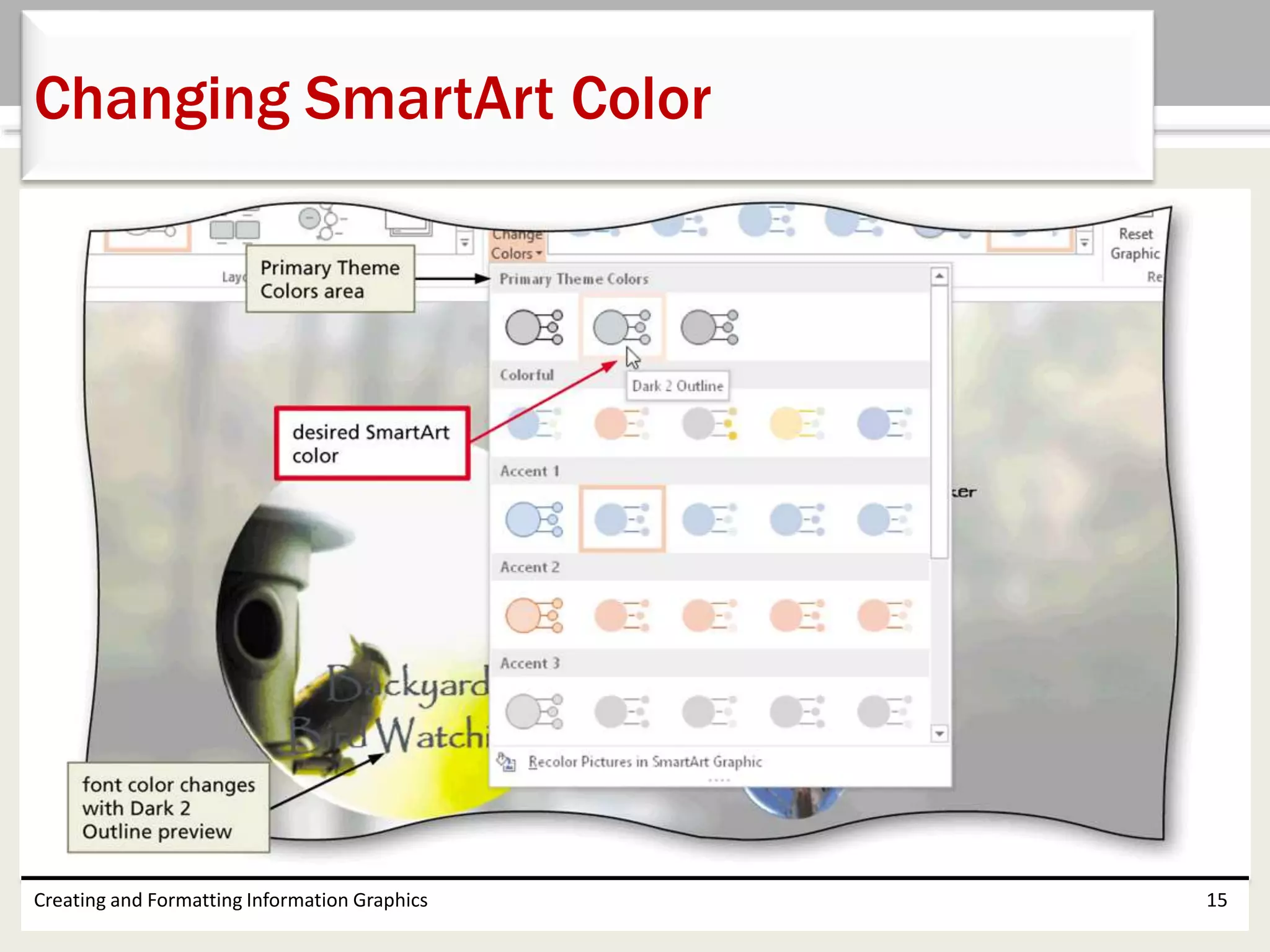 Creating and Formatting Information Graphics 15
Changing SmartArt Color
 