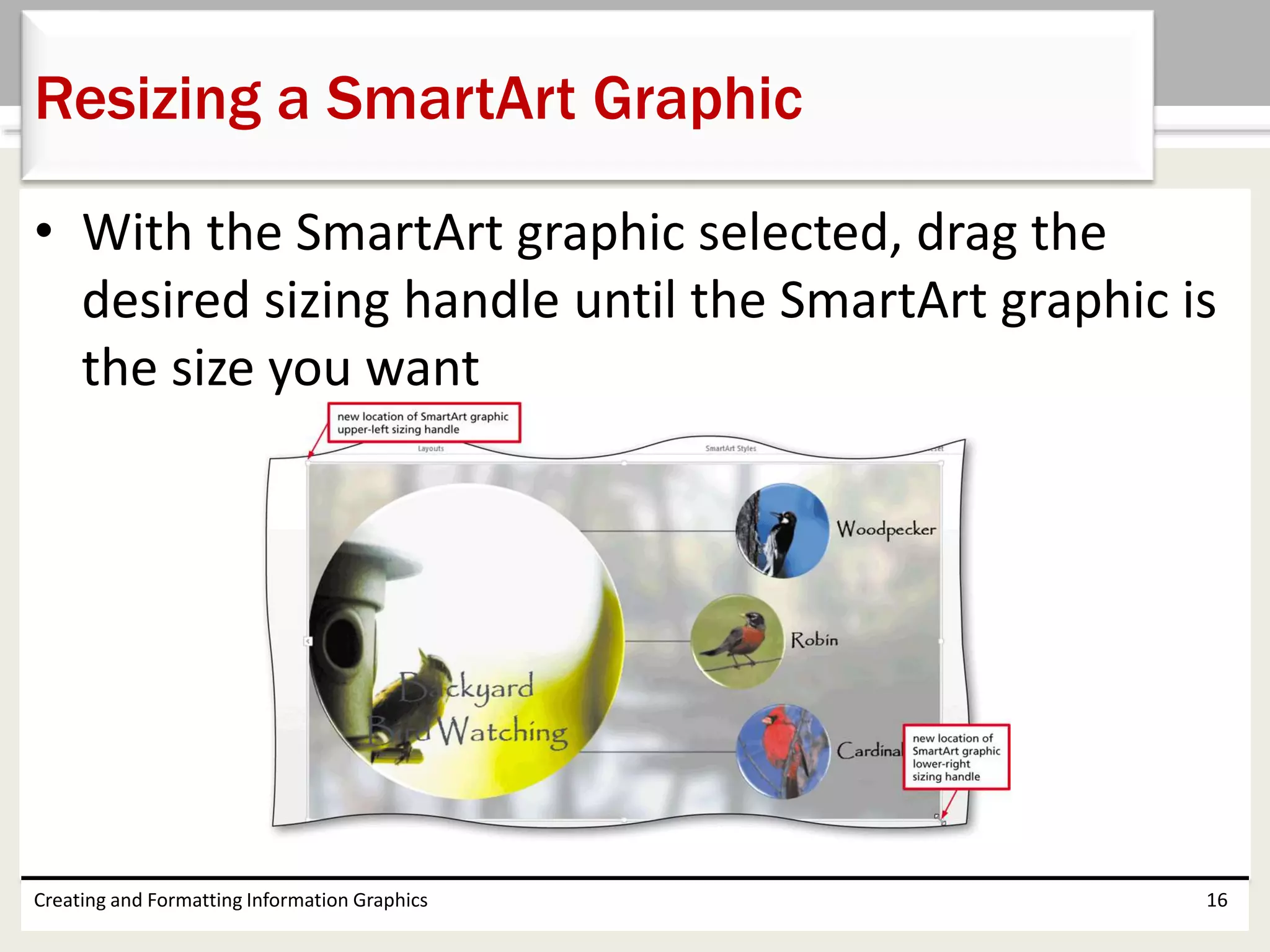 • With the SmartArt graphic selected, drag the
desired sizing handle until the SmartArt graphic is
the size you want
Creating and Formatting Information Graphics 16
Resizing a SmartArt Graphic
 