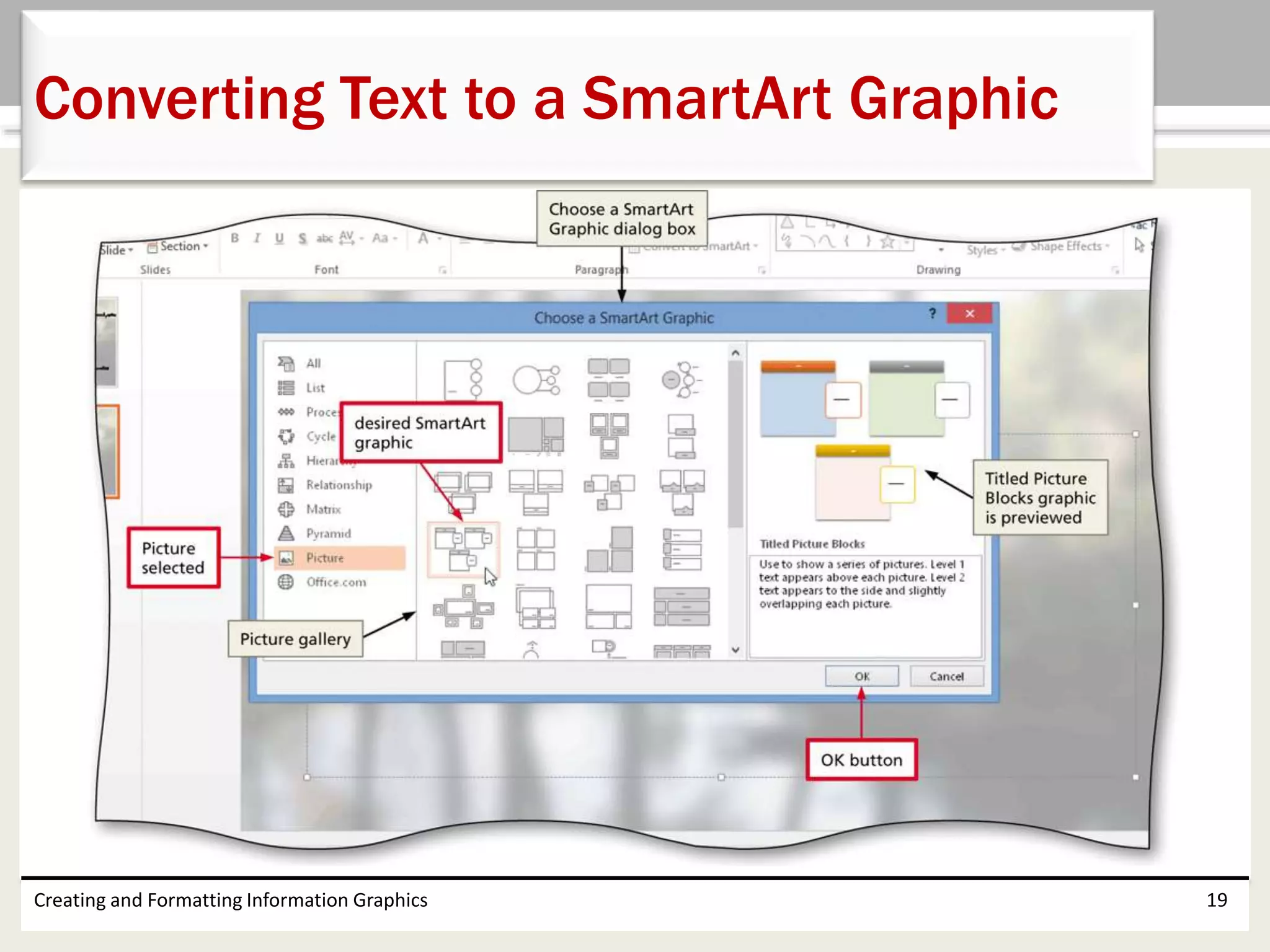 Creating and Formatting Information Graphics 19
Converting Text to a SmartArt Graphic
 