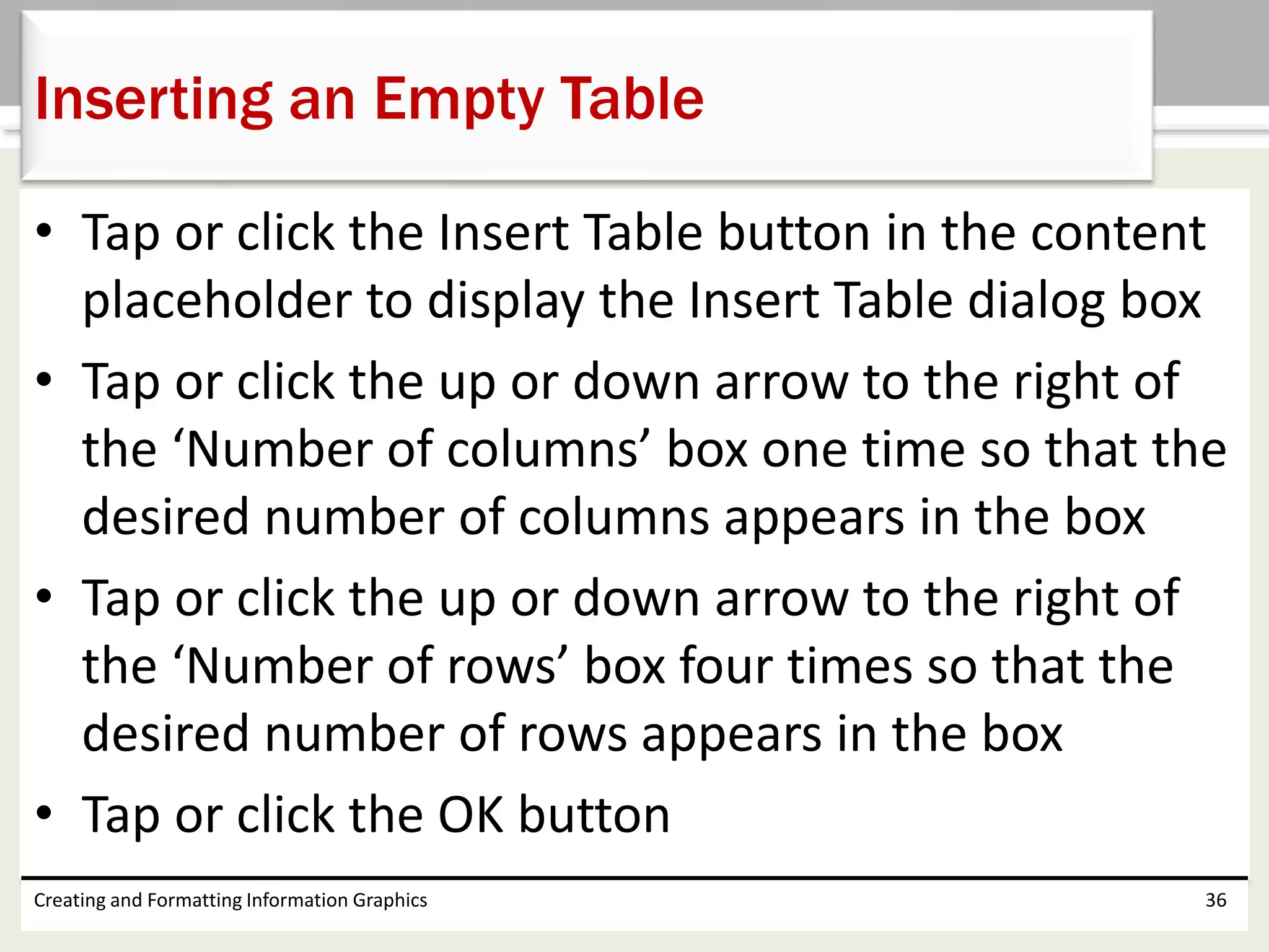 • Tap or click the Insert Table button in the content
placeholder to display the Insert Table dialog box
• Tap or click the up or down arrow to the right of
the ‘Number of columns’ box one time so that the
desired number of columns appears in the box
• Tap or click the up or down arrow to the right of
the ‘Number of rows’ box four times so that the
desired number of rows appears in the box
• Tap or click the OK button
Creating and Formatting Information Graphics 36
Inserting an Empty Table
 