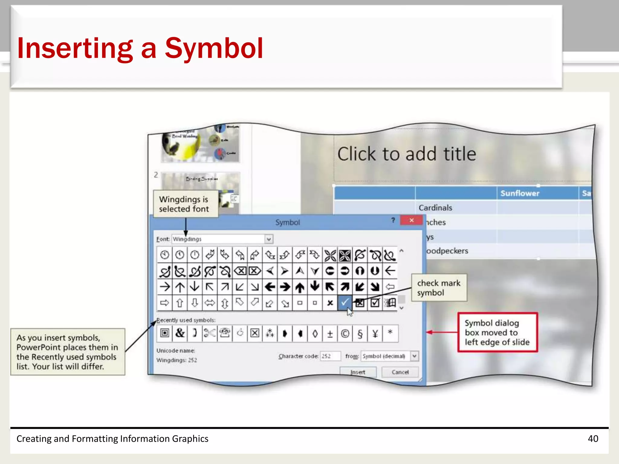 Creating and Formatting Information Graphics 40
Inserting a Symbol
 