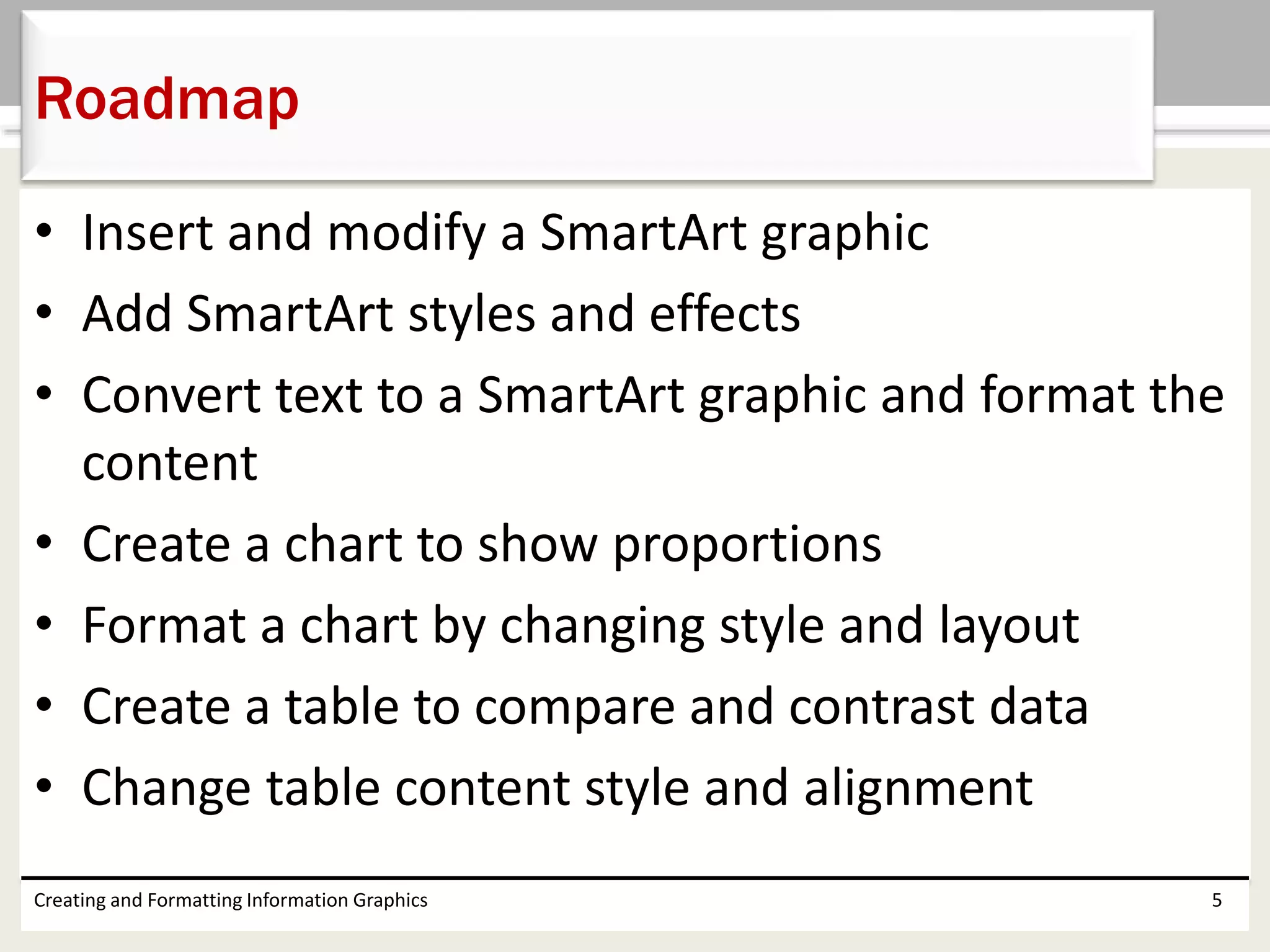 • Insert and modify a SmartArt graphic
• Add SmartArt styles and effects
• Convert text to a SmartArt graphic and format the
content
• Create a chart to show proportions
• Format a chart by changing style and layout
• Create a table to compare and contrast data
• Change table content style and alignment
Creating and Formatting Information Graphics 5
Roadmap
 