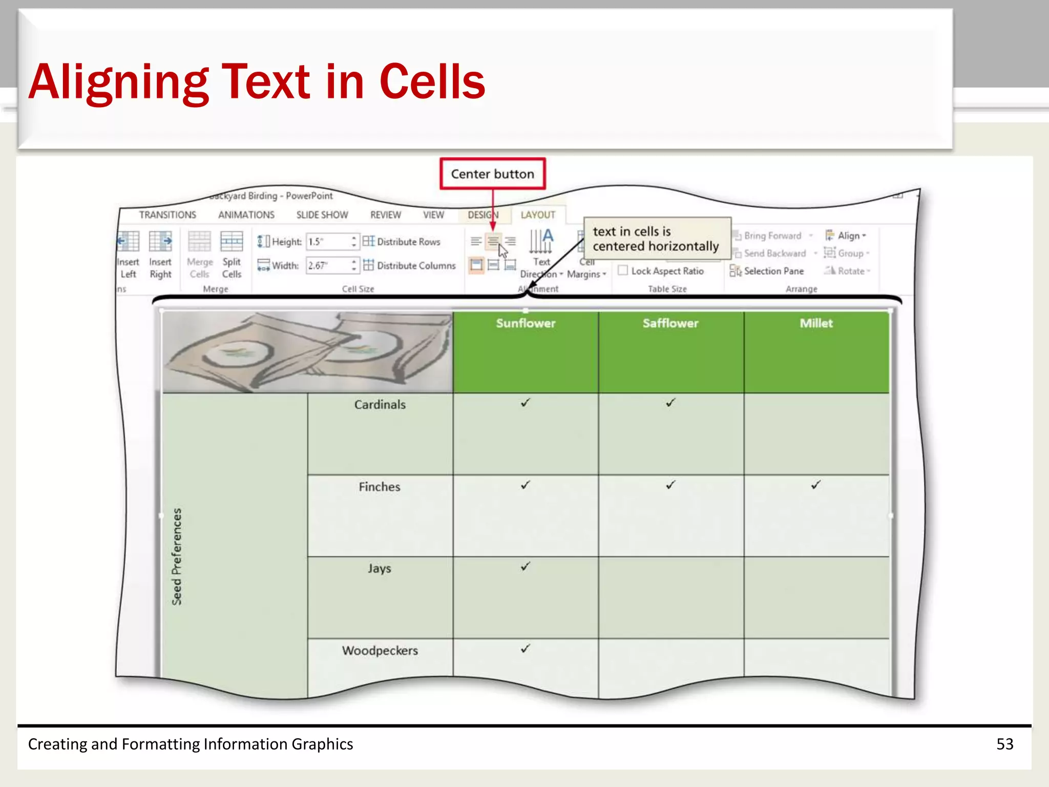 Creating and Formatting Information Graphics 53
Aligning Text in Cells
 