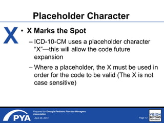 Page 12April 25, 2014
Prepared for Georgia Pediatric Practice Managers
Association
• X Marks the Spot
– ICD-10-CM uses a placeholder character
“X”—this will allow the code future
expansion
– Where a placeholder, the X must be used in
order for the code to be valid (The X is not
case sensitive)
Placeholder Character
 