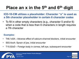 Page 15April 25, 2014
Prepared for Georgia Pediatric Practice Managers
Association
Place an x in the 5th and 6th digit
ICD-10-CM utilizes a placeholder: Character “x” is used as
a 5th character placeholder in certain 6 character codes
• To fill in other empty characters (e.g., character 5 and/or 6)
when a code that is less than 6 characters in length requires
a 7th character
Examples:
• T46.1x5A – Adverse effect of calcium-channel blockers, initial encounter
• S03.4xxA- Sprain of jaw, initial encounter
• T15.02xD – Foreign body in cornea, left eye, subsequent encounter
 