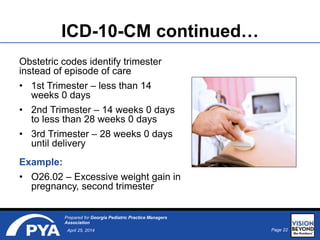 Page 22April 25, 2014
Prepared for Georgia Pediatric Practice Managers
Association
ICD-10-CM continued…
Obstetric codes identify trimester
instead of episode of care
• 1st Trimester – less than 14
weeks 0 days
• 2nd Trimester – 14 weeks 0 days
to less than 28 weeks 0 days
• 3rd Trimester – 28 weeks 0 days
until delivery
Example:
• O26.02 – Excessive weight gain in
pregnancy, second trimester
 