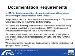 Page 34April 25, 2014
Prepared for Georgia Pediatric Practice Managers
Association
Documentation Requirements
• In ICD-10, the documentation of strep throat alone will no longer
include streptococcal infection of the tonsils.
• Streptococcal infection of the tonsils has a separate entry in ICD-10 with
further specificity for recurrence and chronicity.
• If a patient has a history of streptococcal infections of the tonsils along
with chronic tonsillitis the proper codes are: J0301 (Acute recurrent
streptococcal tonsillitis) and J3501 (Chronic tonsillitis).
• If a patient presents with strep throat and has chronic pharyngitis the
proper codes are: J020 (Streptococcal pharyngitis) and J312 (Chronic
pharyngitis).
• When documenting strep throat, it is important to note the site(s) involved
(pharynx, tonsils, or both).
 