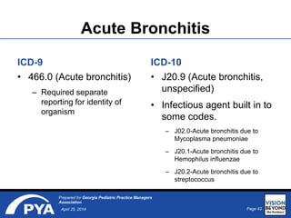 Page 43April 25, 2014
Prepared for Georgia Pediatric Practice Managers
Association
Acute Bronchitis
ICD-9
• 466.0 (Acute bronchitis)
– Required separate
reporting for identity of
organism
ICD-10
• J20.9 (Acute bronchitis,
unspecified)
• Infectious agent built in to
some codes.
– J02.0-Acute bronchitis due to
Mycoplasma pneumoniae
– J20.1-Acute bronchitis due to
Hemophilus influenzae
– J20.2-Acute bronchitis due to
streptococcus
 