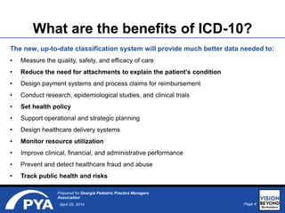 Page 4April 25, 2014
Prepared for Georgia Pediatric Practice Managers
Association
What are the benefits of ICD-10?
The new, up-to-date classification system will provide much better data needed to:
• Measure the quality, safety, and efficacy of care
• Reduce the need for attachments to explain the patient’s condition
• Design payment systems and process claims for reimbursement
• Conduct research, epidemiological studies, and clinical trials
• Set health policy
• Support operational and strategic planning
• Design healthcare delivery systems
• Monitor resource utilization
• Improve clinical, financial, and administrative performance
• Prevent and detect healthcare fraud and abuse
• Track public health and risks
 