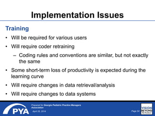 Page 54April 25, 2014
Prepared for Georgia Pediatric Practice Managers
Association
Implementation Issues
Training
• Will be required for various users
• Will require coder retraining
– Coding rules and conventions are similar, but not exactly
the same
• Some short-term loss of productivity is expected during the
learning curve
• Will require changes in data retrieval/analysis
• Will require changes to data systems
 