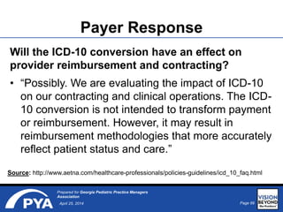 Page 66April 25, 2014
Prepared for Georgia Pediatric Practice Managers
Association
Payer Response
Will the ICD-10 conversion have an effect on
provider reimbursement and contracting?
• “Possibly. We are evaluating the impact of ICD-10
on our contracting and clinical operations. The ICD-
10 conversion is not intended to transform payment
or reimbursement. However, it may result in
reimbursement methodologies that more accurately
reflect patient status and care.”
Source: http://www.aetna.com/healthcare-professionals/policies-guidelines/icd_10_faq.html
 