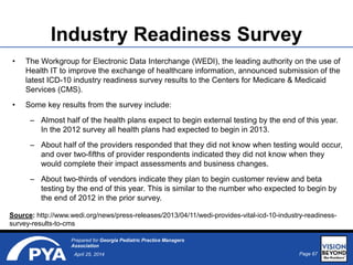 Page 67April 25, 2014
Prepared for Georgia Pediatric Practice Managers
Association
Industry Readiness Survey
• The Workgroup for Electronic Data Interchange (WEDI), the leading authority on the use of
Health IT to improve the exchange of healthcare information, announced submission of the
latest ICD-10 industry readiness survey results to the Centers for Medicare & Medicaid
Services (CMS).
• Some key results from the survey include:
– Almost half of the health plans expect to begin external testing by the end of this year.
In the 2012 survey all health plans had expected to begin in 2013.
– About half of the providers responded that they did not know when testing would occur,
and over two-fifths of provider respondents indicated they did not know when they
would complete their impact assessments and business changes.
– About two-thirds of vendors indicate they plan to begin customer review and beta
testing by the end of this year. This is similar to the number who expected to begin by
the end of 2012 in the prior survey.
Source: http://www.wedi.org/news/press-releases/2013/04/11/wedi-provides-vital-icd-10-industry-readiness-
survey-results-to-cms
 
