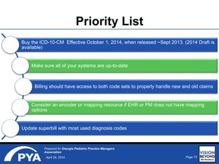 Page 73April 25, 2014
Prepared for Georgia Pediatric Practice Managers
Association
Priority List
Buy the ICD-10-CM Effective October 1, 2014, when released ~Sept 2013. (2014 Draft is
available)
Make sure all of your systems are up-to-date
Billing should have access to both code sets to properly handle new and old claims
Consider an encoder or mapping resource if EHR or PM does not have mapping
options
Update superbill with most used diagnosis codes
 