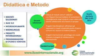 www.liceointernazionale.org
Didattica e Metodo
Docenti
selezionati
Scuola
paritaria
DM 15-02-
2014
Utilizzo di metodi come il «debate»
o la Flipped Class permetteno di aumentare il
coinvolgimento degli studenti e dare valore alle
attività collaborative ed al lavoro di gruppo
Progetti Interdisciplinari: affrontare gli
argomenti in modo trasversale grazie al lavoro
comune tra i docenti di materie diverse
Progetti internazionali: gemellaggi con scuole
straniere e progetti di collaborazione
internazionale
Standard europei
• DOCENTI
SELEZIONATI
• AULE 3.0
• INTERDISCIPLINARITÀ
• MADRELINGUA
• PROGETTI
INTERNAZIONALI
• PROGRAMMAZIONE
DI STUDIO E VERIFICHE
 
