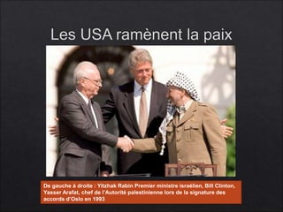 De gauche à droite : Yitzhak Rabin Premier ministre israélien, Bill Clinton,
Yasser Arafat, chef de l’Autorité palestinienne lors de la signature des
accords d’Oslo en 1993
 