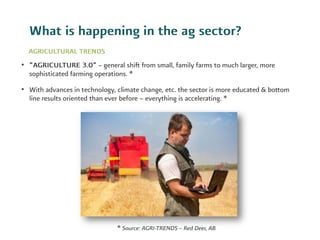 •
•
What is happening in the ag sector?
AGRICULTURAL TRENDS
"AGRICULTURE 3.0" - general shift from small, family farms to ...