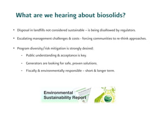 •
•
•
-
-
-
What are we hearing about biosolids?
Disposal in landfills not considered sustainable - is being disallowed by...