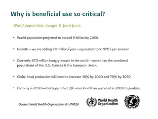 •
•
•
•
•
Why is beneficial use so critical?
World population, hunger 8:: food facts:
World population projected to exceed...