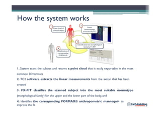 How the system worksHow the system works
1. System scans the subject and returns a point cloud that is easily exportable in the most
common 3D formats
2. TC2 software extracts the linear measurements from the avatar that has been
created
3. FX-FIT classifies the scanned subject into the most suitable normotype
(morphological family) for the upper and the lower part of the body, and
4. Identifies the corresponding FORMAX® anthropometric mannequin to
improve the fit
 