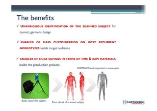 The benefitsThe benefits
UNAMBIGUOUS IDENTIFICATION OF THE SCANNED SUBJECT for
correct garment design
ENABLER OF MASS CUSTOMIZATION ON MOST RECURRENT
NORMOTYPES inside target audience
ENABLER OF HUGE SAVINGS IN TERMS OF TIME & RAW MATERIALS
inside the production process
Body-ScanFIT® system
Point cloud of scanned subject
FORMAX® anthropometric mannequin
 