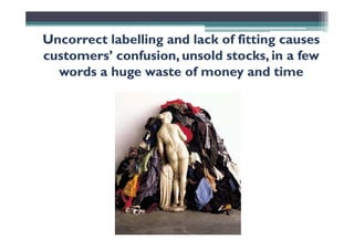 UncorrectUncorrect labellinglabelling andand lacklack ofof fittingfitting causescauses
customerscustomers’’ confusionconfusion,, unsoldunsold stocksstocks, in a, in a fewfew
wordswords aa hugehuge wastewaste ofof moneymoney andand timetime
 